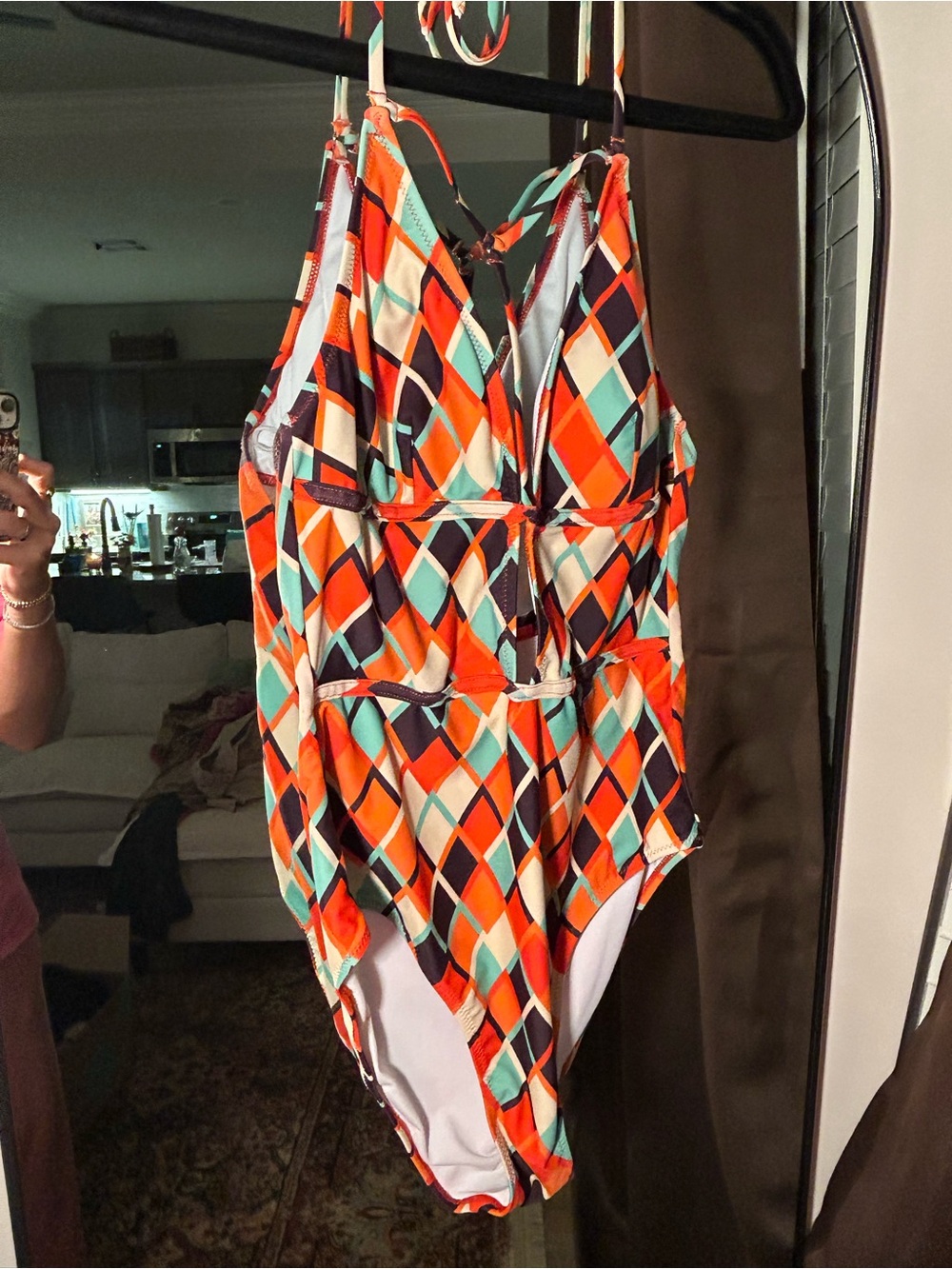 Womens Geometric Print One-Piece Swimsuit in Orange & Teal